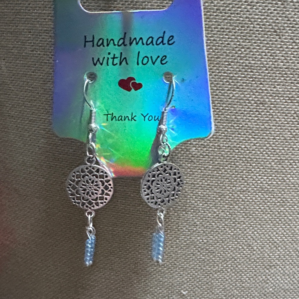Silver Handmade Earrings with Blue Accents